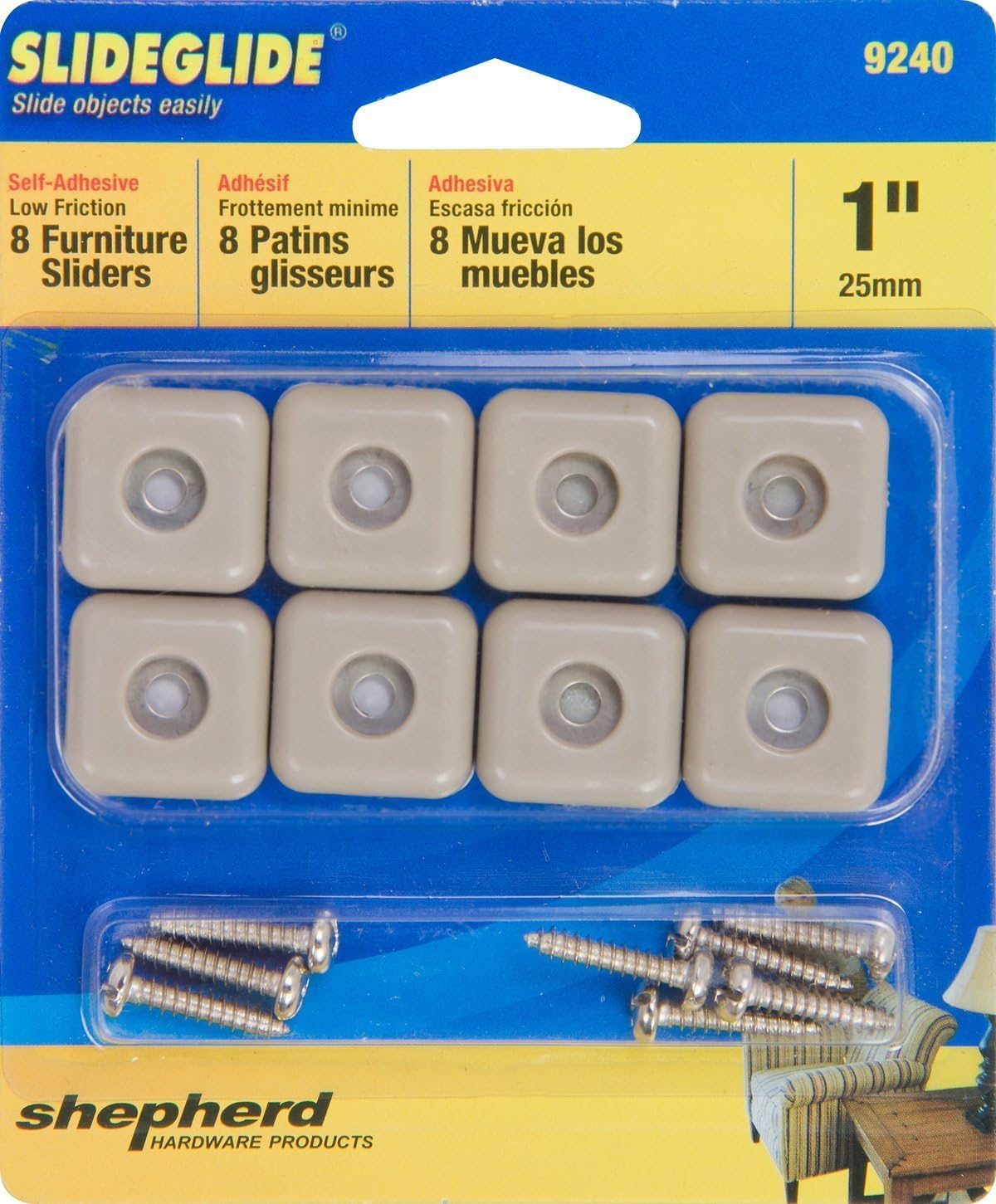 Shepherd SlideGlide 2-1/8" Square Adhesive Furniture Sliders for Carpet, Heavy-Duty Protective Furniture Moving Pads with Self-Adhesive or Screw-On Application, Set of 4, Beige