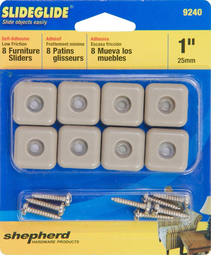Shepherd SlideGlide 2-1/8" Square Adhesive Furniture Sliders for Carpet, Heavy-Duty Protective Furniture Moving Pads with Self-Adhesive or Screw-On Application, Set of 4, Beige
