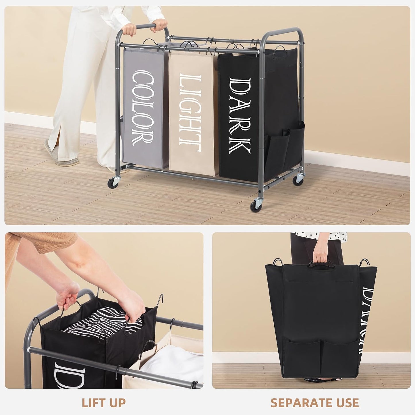 STORAGE MANIAC 3 Section Laundry Sorter, 35.6 Gal (135 L) Laundry Hamper Cart with Heavy Duty Rolling Lockable Wheels and Removable Bags, Clothes Organizer Basket Separator Hamper, Gray