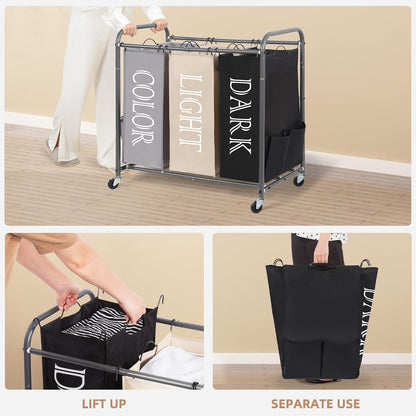 STORAGE MANIAC 3 Section Laundry Sorter, 35.6 Gal (135 L) Laundry Hamper Cart with Heavy Duty Rolling Lockable Wheels and Removable Bags, Clothes Organizer Basket Separator Hamper, Gray