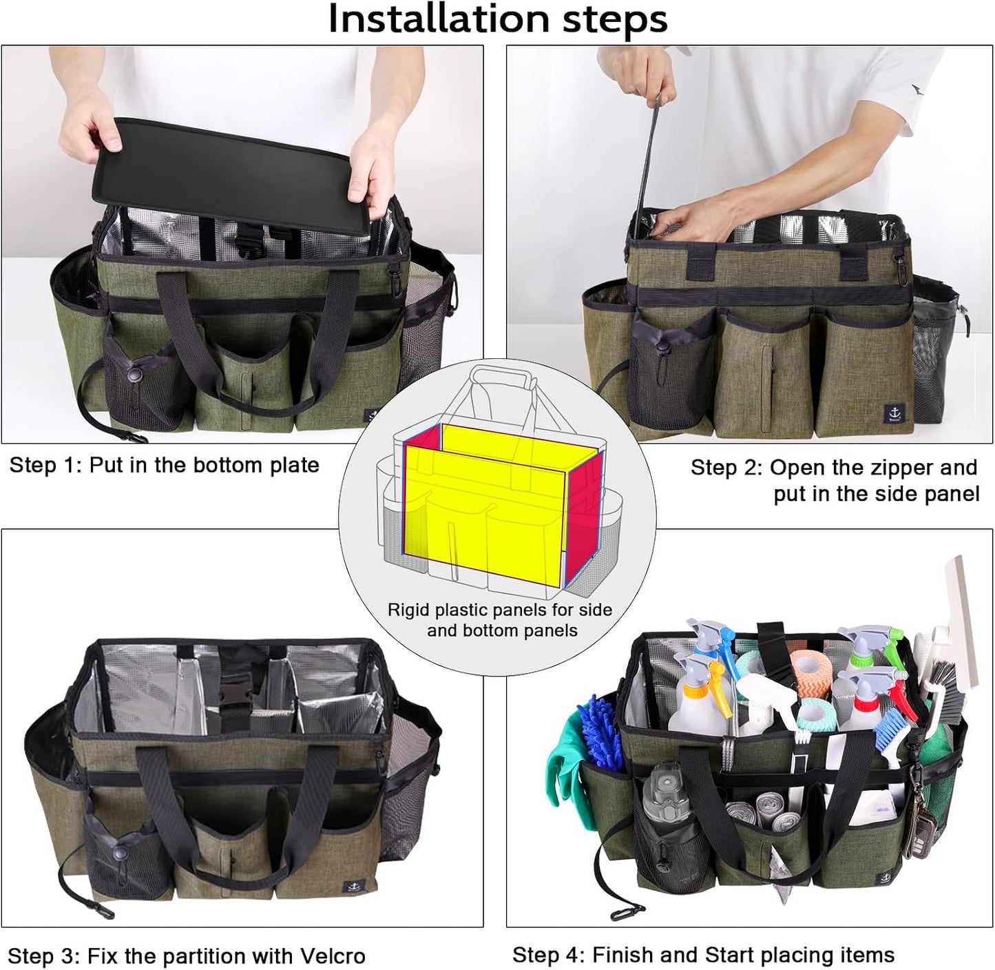 Large Cleaning Caddy Bag Built-in hard plastic sheet Aluminum foil lining | Waterproof nylon, aluminum foil lining, detachable dividers, dual straps for housekeepers