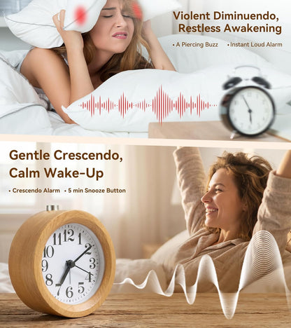 Wood Analog Alarm Clock: Silent Non-Ticking for Quiet Bedrooms | Small Battery Operated Natural Wooden Design - Warm Night Light Shows Time on Demand & 5-Minute Snooze Makes Mornings Easier