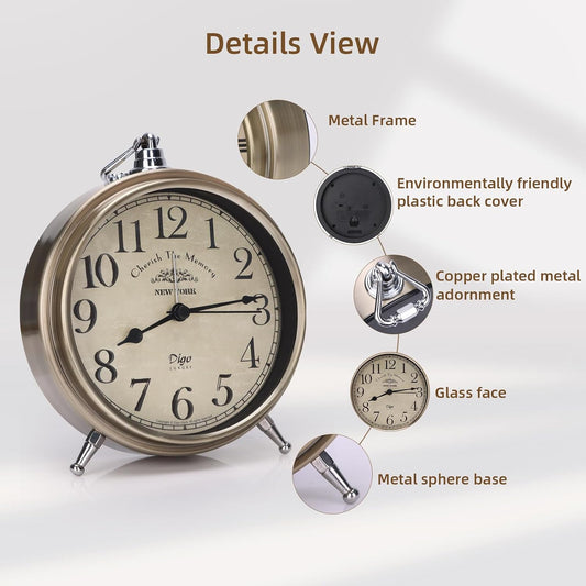 Maxspace Vintage Table Clock on Stand, Super Silent Non Ticking Silvery Small Analog Alarm Clock,Battery Operated, Decorative Clock for Bedside/Desk/Shelf (Arabic)