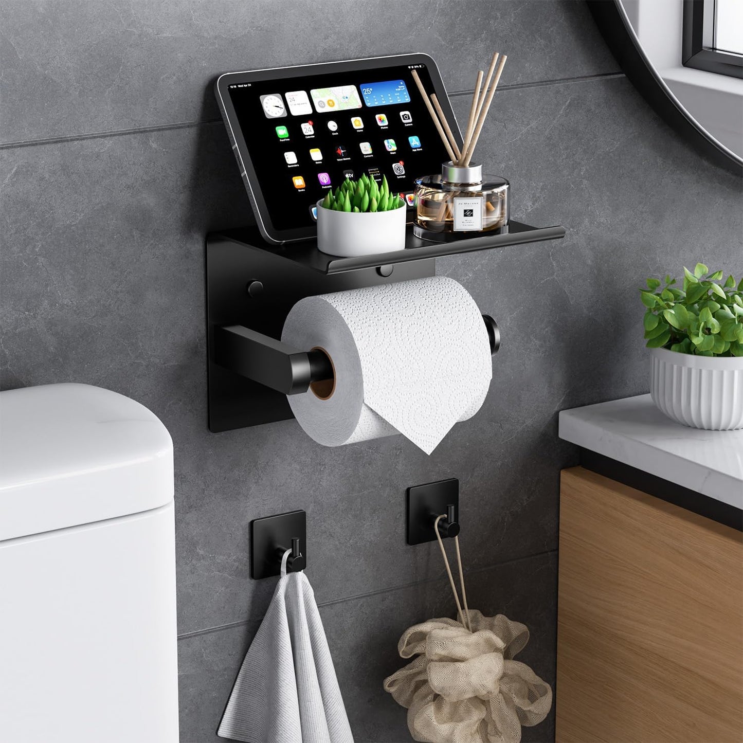 Tindbea Toilet Paper Holder Wall Mount + Towel Robe Hooks, Adhesive or Screw Wall Mounted Toilet Paper Roll Holder with Shelf, Stainless Steel Bathroom Organizers and Storage Kit (Brushed Gold)