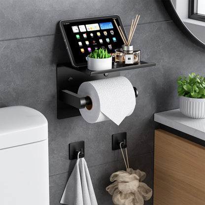 Tindbea Toilet Paper Holder Wall Mount + Towel Robe Hooks, Adhesive or Screw Wall Mounted Toilet Paper Roll Holder with Shelf, Stainless Steel Bathroom Organizers and Storage Kit (Brushed Gold)