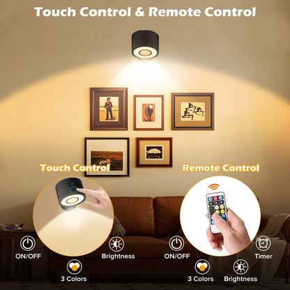 LED Wall Mounted Lights 4 Psc with Remote, 3000mAh Rechargeable Battery Operated Wall Sconces, 3 Lighting Modes & Dimmable, 360°Rotate Cordless Wall Light for Bedroom Bedside Reading Study (White)