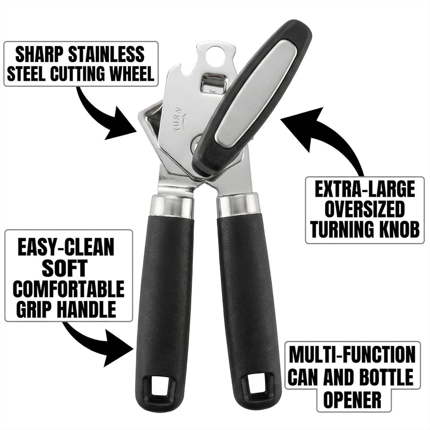 Heavy Duty Manual Can Opener, Stainless Steel, Black | 2-In-1 Can & Bottle Opener, Smooth Edge Sharp Cutting, Soft Oversized Handle, Easy Clean, Multifunctional Kitchen Tool