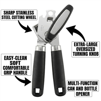 Heavy Duty Manual Can Opener, Stainless Steel, Black | 2-In-1 Can & Bottle Opener, Smooth Edge Sharp Cutting, Soft Oversized Handle, Easy Clean, Multifunctional Kitchen Tool