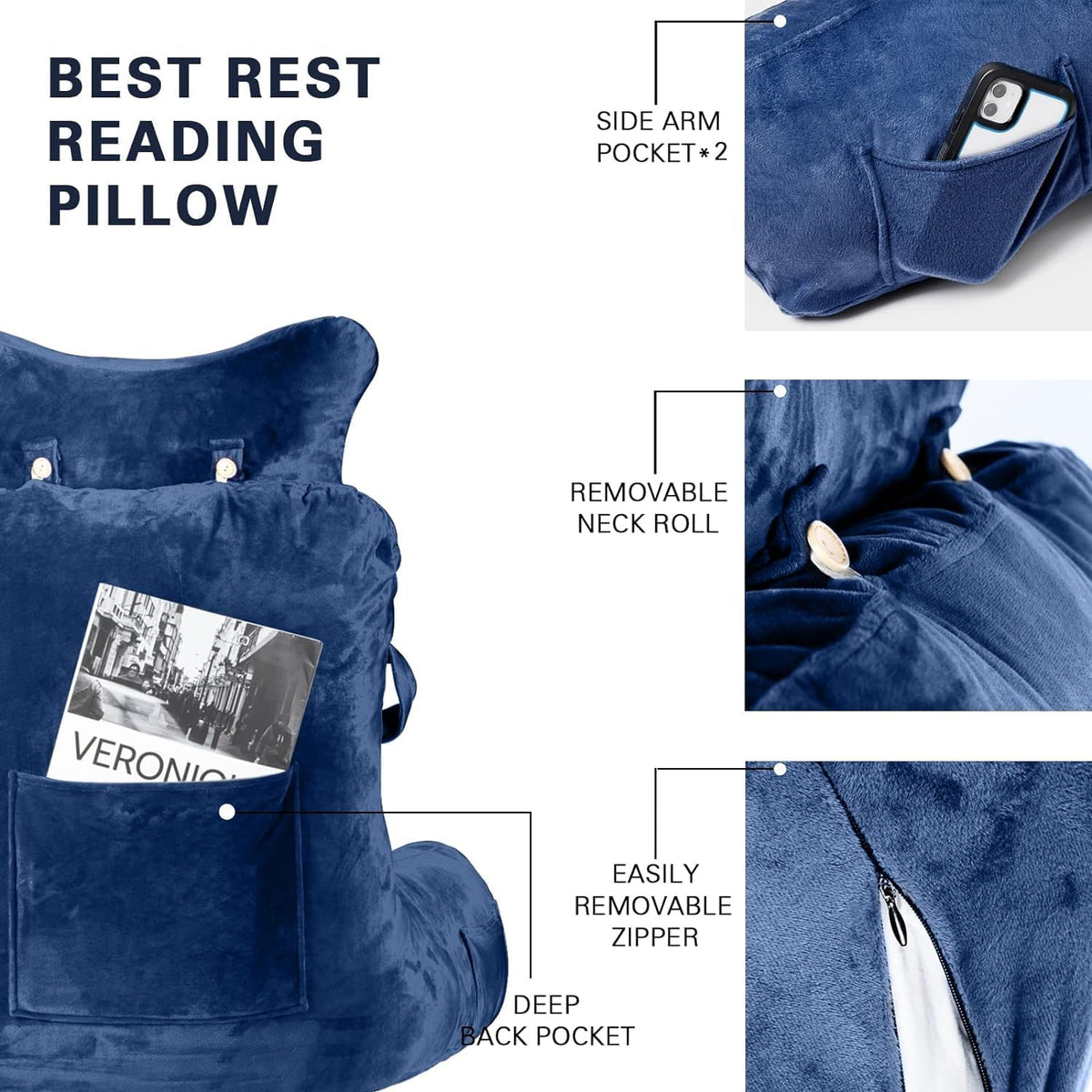 SLIGUY Reading Pillow-Bed Rest Pillow with Detachable Neck Roll & Support Arm for Sitting in Bed Couch or Floor-Backrest Reading Pillow Adult Back Pillow for Reading/Watching TV/Gaming,Dark Grey