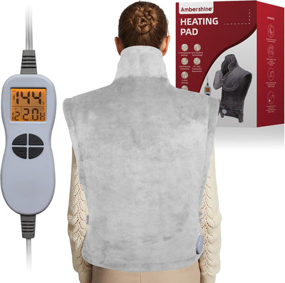 Ambershine 19''x24'' Weighted Neck & Shoulder Heating Pad, 2.5lbs with 12 Temperature Settings& 4 Auto-Off Timers, Pain Relief for Neck/Shoulder/Back(Gray&Blue)