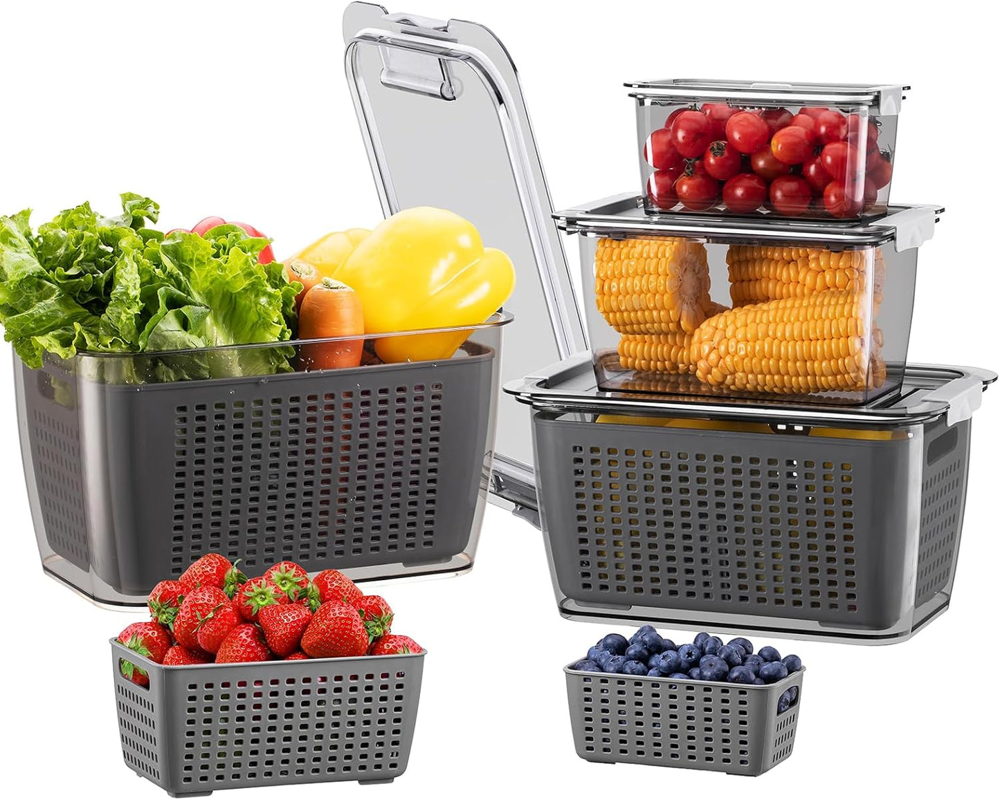 LUXEAR 4 Pack Fruit Vegetable Containers for Fridge, Produce Saver Container with Lids &Removable Colander BPA-free Refrigerator Storage Organizer for Fruit Vegetable, Berry, Meat keep Fresh Longer | BPA Free with Removable Colanders Leak-proof Fridge