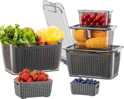 LUXEAR 4 Pack Fruit Vegetable Containers for Fridge, Produce Saver Container with Lids &Removable Colander BPA-free Refrigerator Storage Organizer for Fruit Vegetable, Berry, Meat keep Fresh Longer | BPA Free with Removable Colanders Leak-proof Fridge