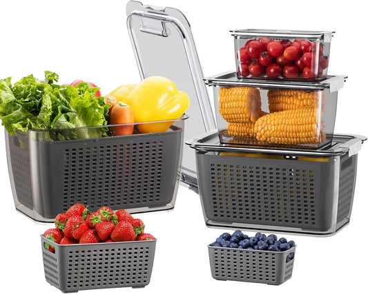 LUXEAR 4 Pack Fruit Vegetable Containers for Fridge, Produce Saver Container with Lids &Removable Colander BPA-free Refrigerator Storage Organizer for Fruit Vegetable, Berry, Meat keep Fresh Longer | BPA Free with Removable Colanders Leak-proof Fridge