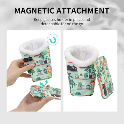 Plush Lined Eyeglasses Holder, Cute Magnetic PU Leather Glasses Stand Case for Women Men Kids