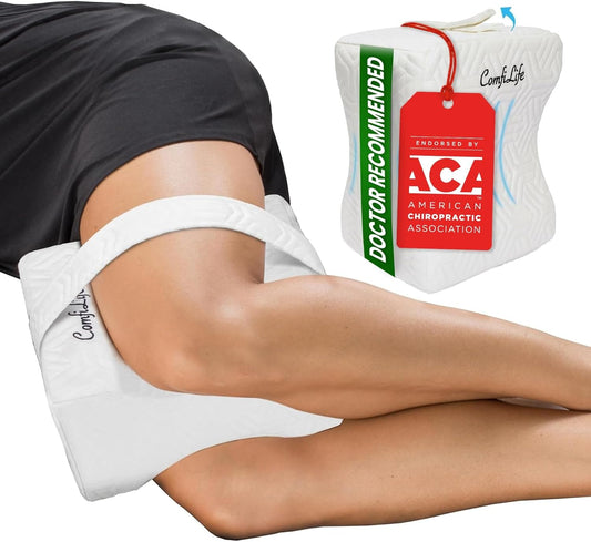 ComfiLife Knee Pillow for Side Sleepers – Cooling Leg Pillow for Side Sleeping – Knee Pillow with Strap for Hip Pain, Back Pain, Sciatica Pain Relief – Memory Foam Hip Pillow Contour Design