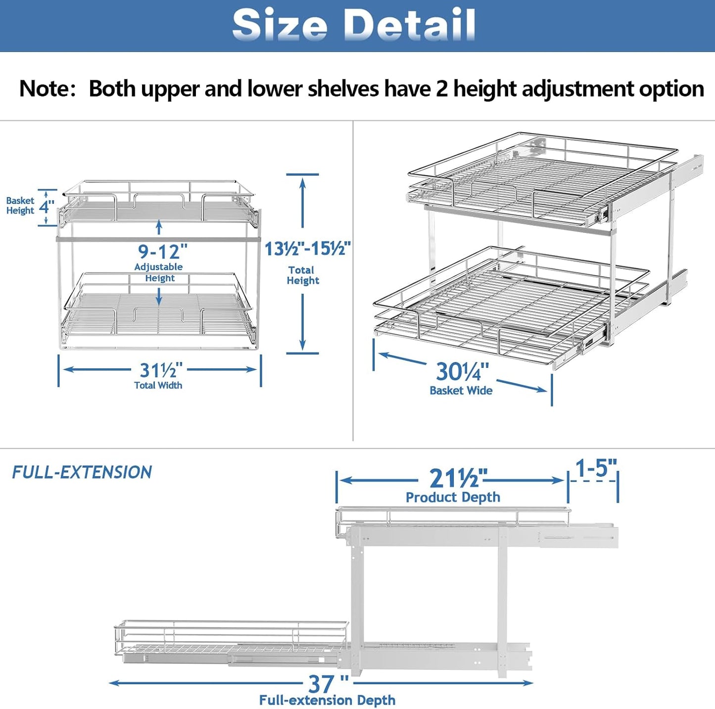 ROOMTEC Pull Out Cabinet Organizer, Pull Out Shelves 5½" W x 21½" D, Heavy Duty Cabinet Drawers Slide Out Kitchen Organizers Storage Shelf
