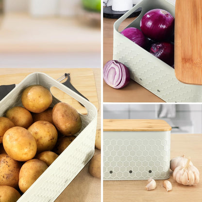 Kitchen Vegetable Storage Set of 3, Metal Onion Garlic Potato Storage Set, Kitchen Canisters Vegetable Keeper Containers with Aerating Holes and Bamboo Lid,Black