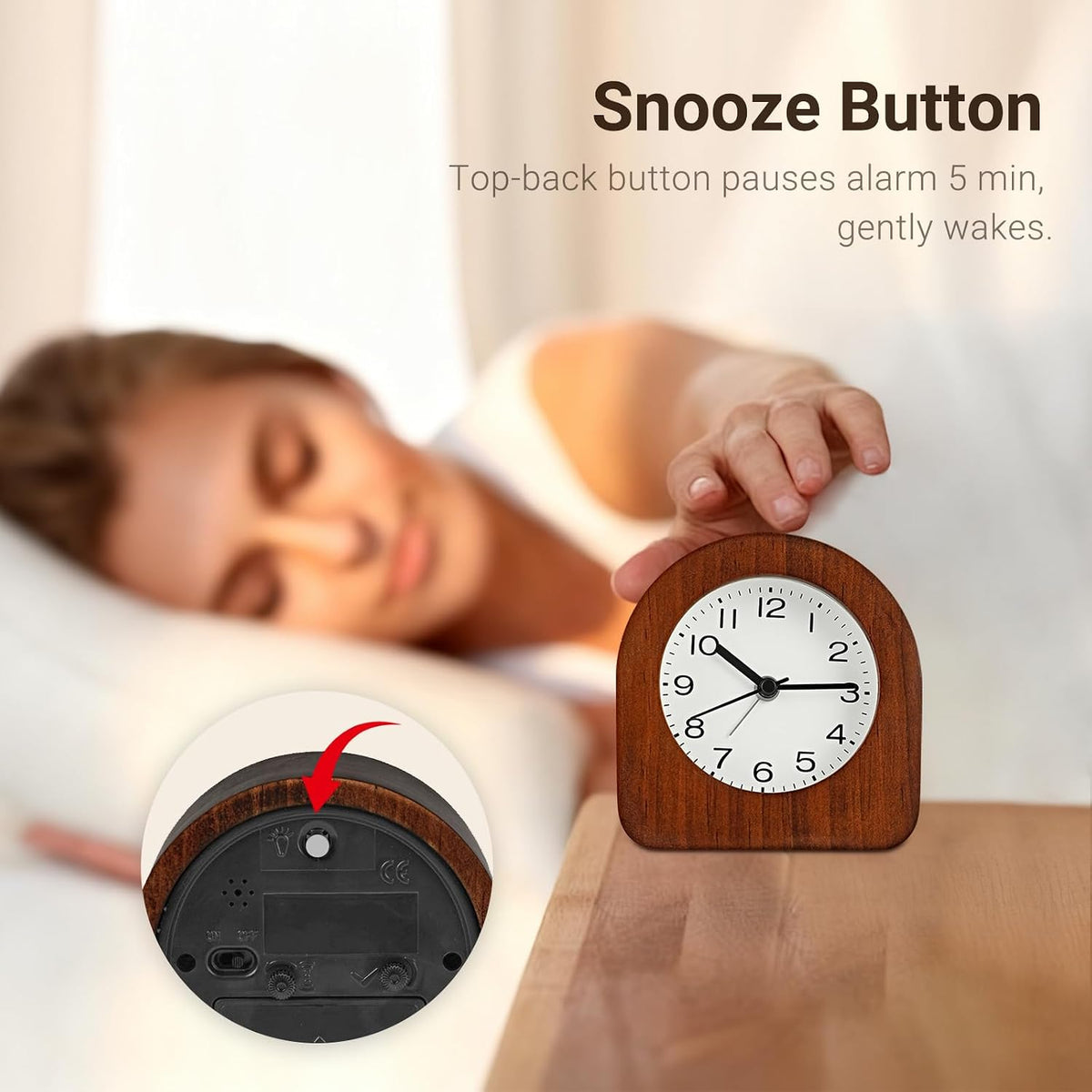 Vintage Solid Wood Analog Alarm Clock, Battery-Operated Alarm Clocks with Non-Disruptive Night Light, Non-Ticking Alarm Clock with Snooze Button and Soft Alarm Tone. (Dark Brown)