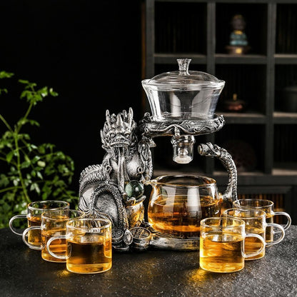 Glass Teapot Set with Infuser Semi Automatic Dragon Tea Set (Blue golden teapot)