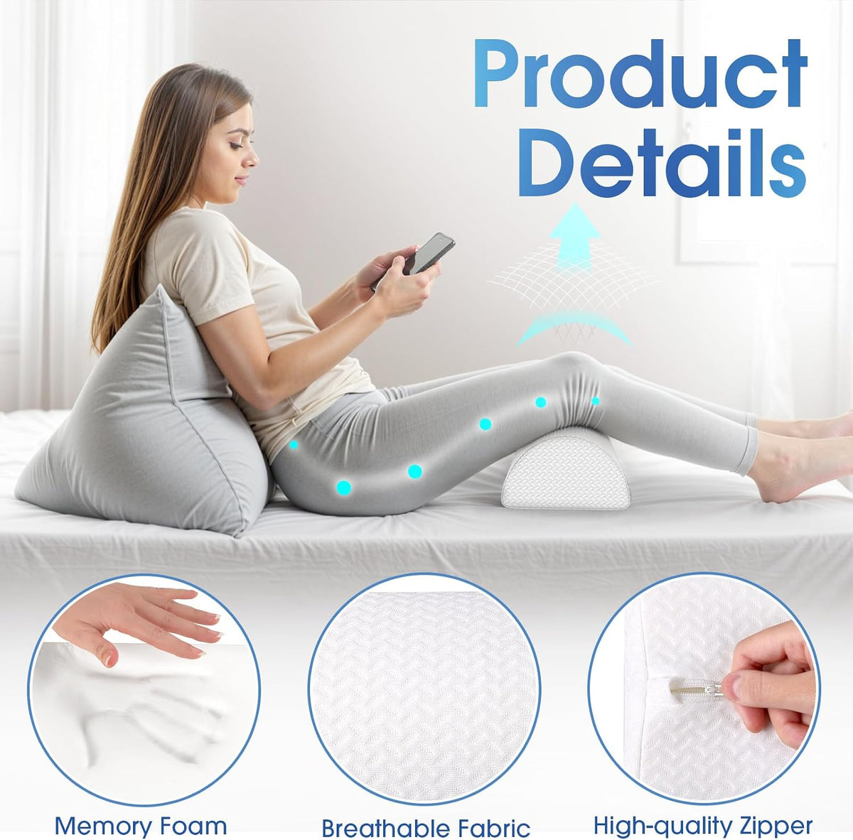 Knee Pillow for Back Sleeping Memory Foam Half Moon Bolster Pillow for Legs