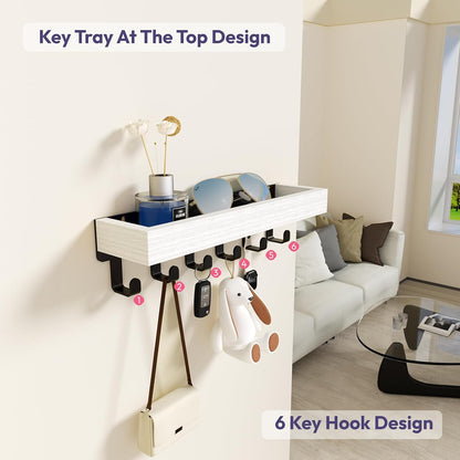 SWTYMIKI Key Holder Wall Mount - Wooden Key Hooks for Wall with Mail Organizer & 6 Hooks, 2 Installation Ways Key Hanger, Key Rack with Shelf for Entryway Living Room Bedroom Office Home Decor Black