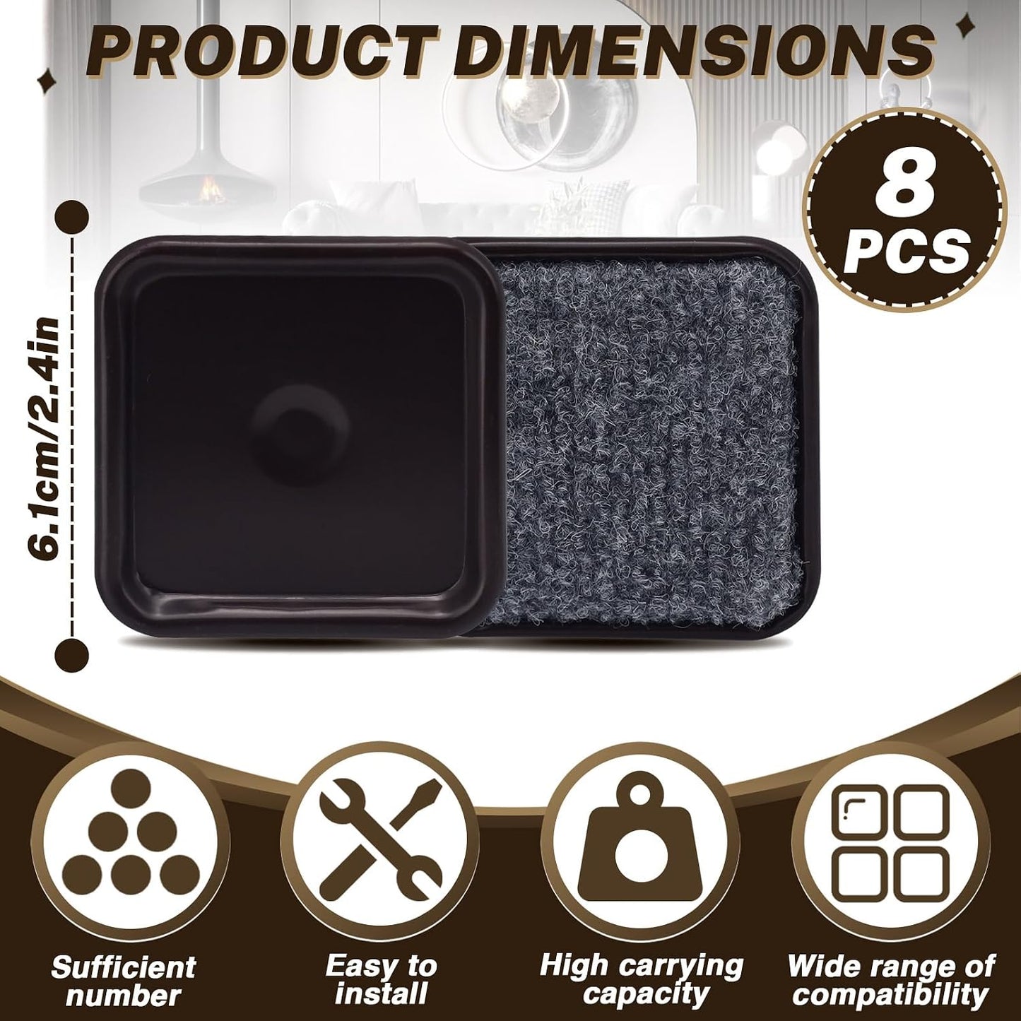 ASTIMESA 8 Pieces 3" Square Furniture Sliders, Heavy Duty Furniture Pads Cups with Carpet Base, Reusable Floor Protectors for Hardwood Vinyl Tile Couch Table Chair Bottom (Brown) (78mm, Square)