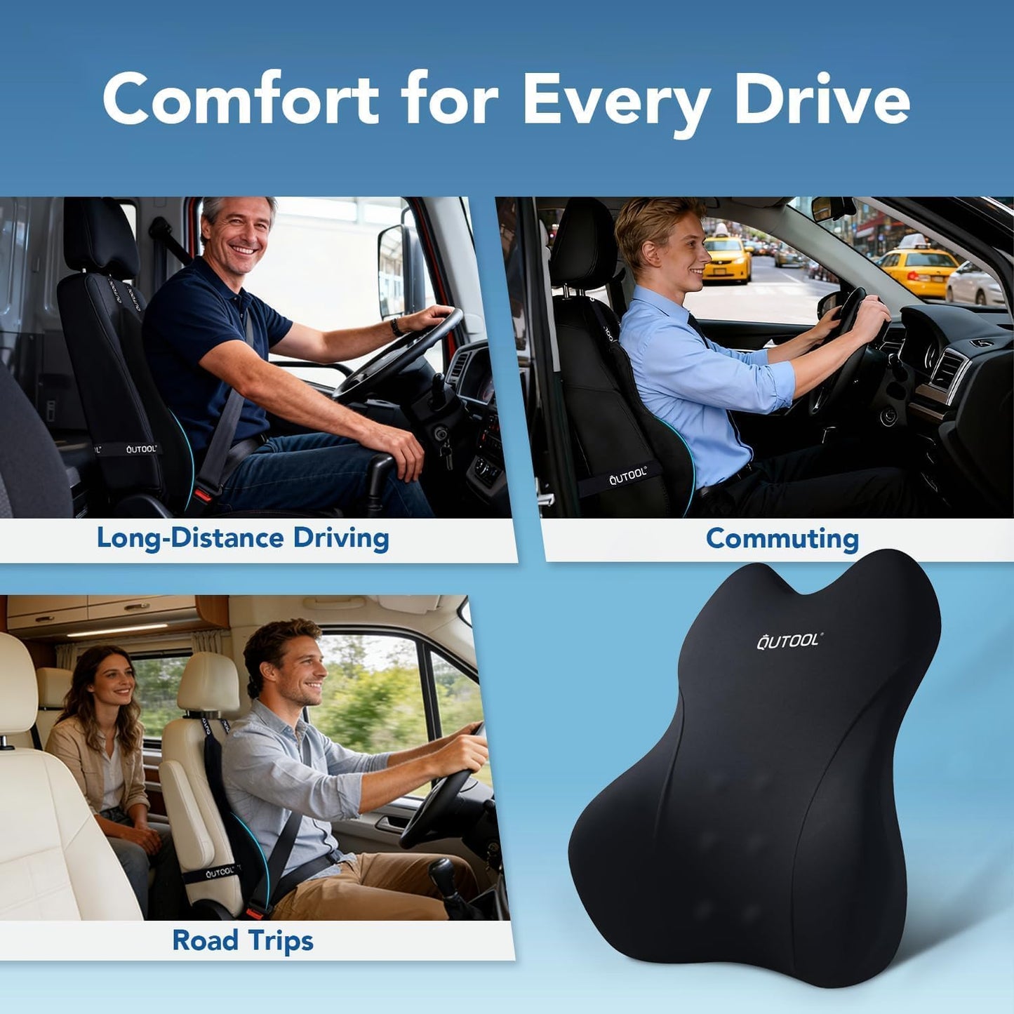 QUTOOL Lumbar Support Pillow for Car, Truck Accessories Travel Essentials, Memory Foam Back Cushion for Driving Seat, Back Pain Relief,Washable Cover, Lower Back Support Fits Most Cars(Black)