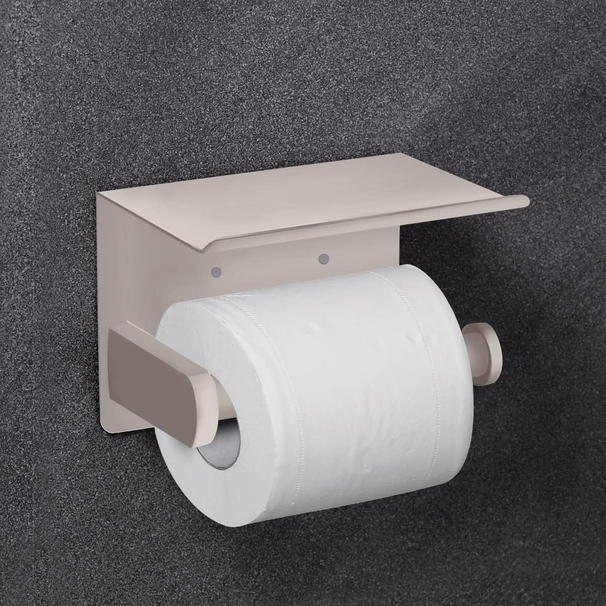 VAEHOLD Self Adhesive Toilet Paper Holder with Phone Shelf Stainless Steel Wall Mounted Toilet Paper Roll Holder - Rustproof and Bathroom Washroom Tissue Roll Holder with Shelf - Black