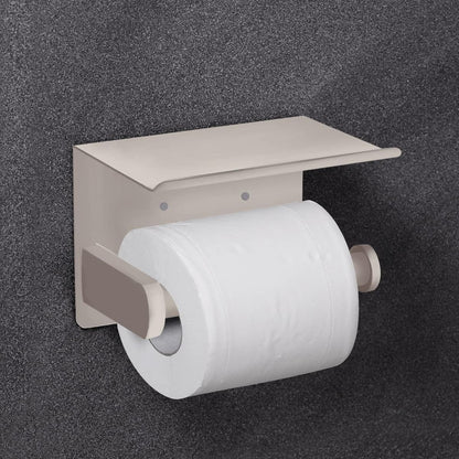 VAEHOLD Self Adhesive Toilet Paper Holder with Phone Shelf Stainless Steel Wall Mounted Toilet Paper Roll Holder - Rustproof and Bathroom Washroom Tissue Roll Holder with Shelf - Black