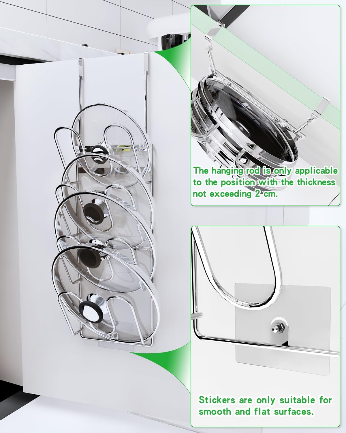 Pot Lid Organizer,304stainless steel door hanging pot lid rack (Modern,Four-layer)