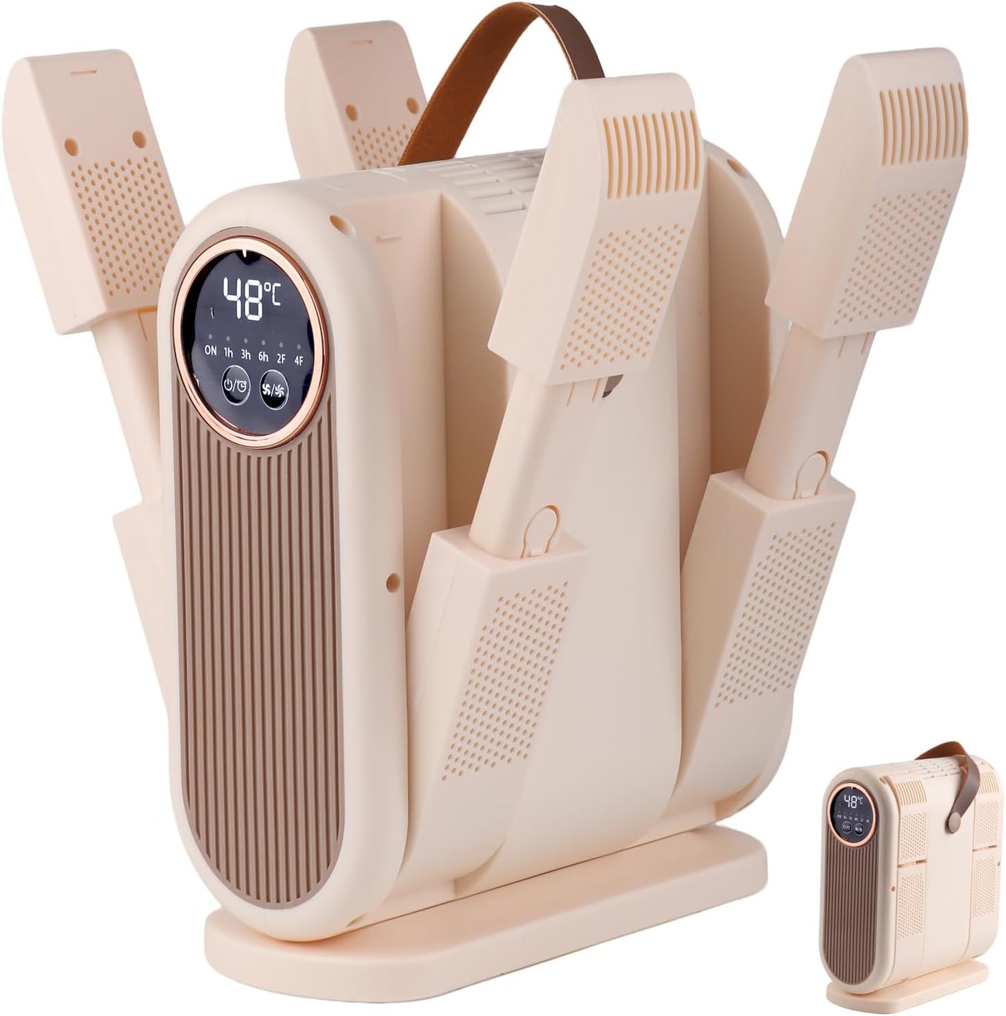 Portable Boot Dryer Folds for easy storage Constant-temperature dehumidification Features aromatherapy deodorization 360-minute timer 4 boot heaters Suitable for work boots ski boots sneakers socks