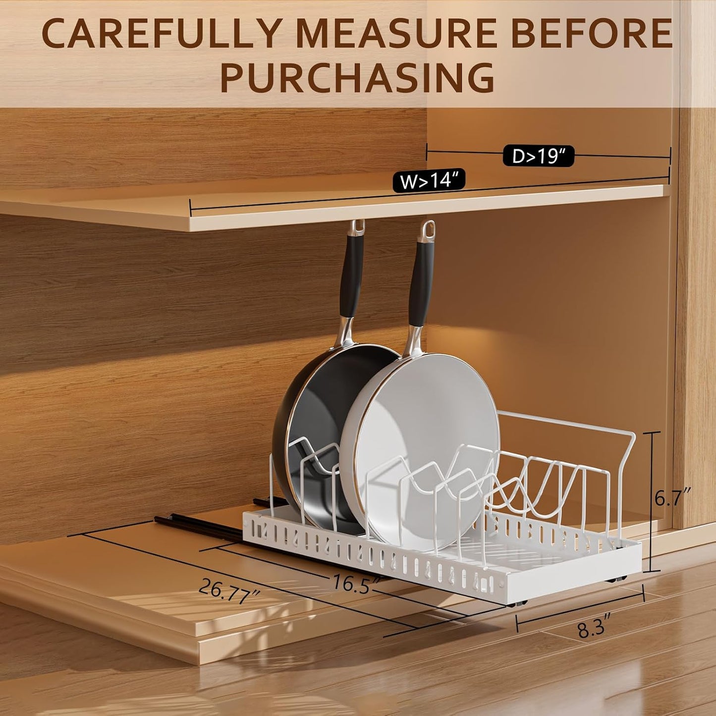 Black 2 Pack Pot Lid Organizer, Pull Out Cabinet Rack, 16 Dividers | 2-pack black carbon steel rack, 16 adjustable dividers, quiet slide rails, adhesive or screw mount for lids, pans, bakeware