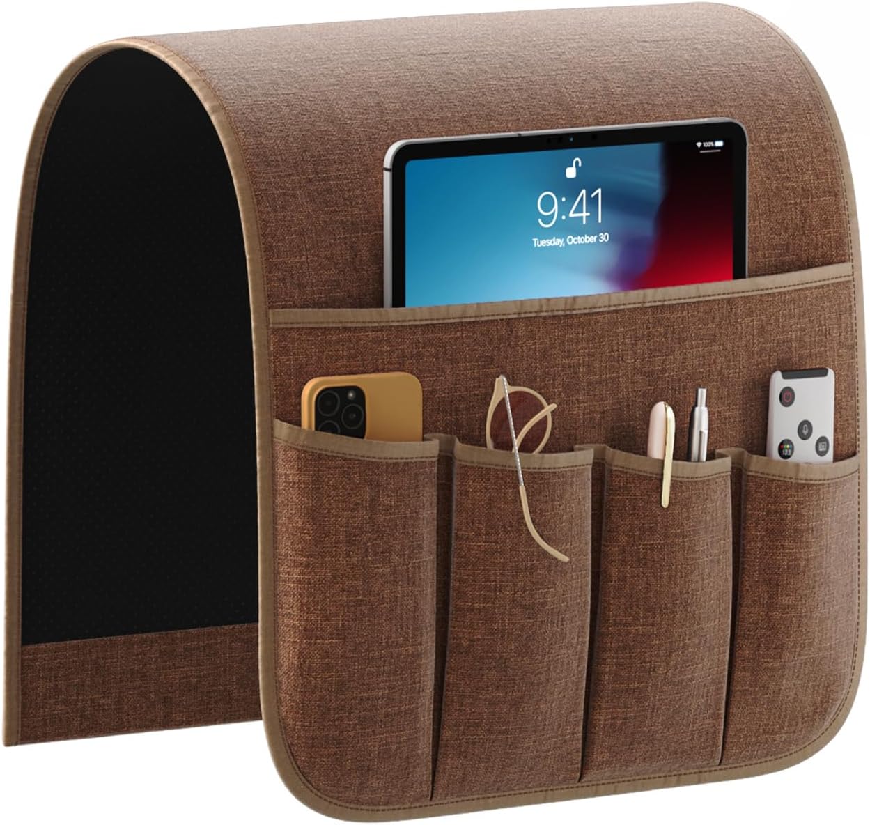Sofa Armrest Organizer Non-Slip Remote Control Holders for Recliner Couch Chair Armchair Caddy with 5 Pockets for Table,Cell Phone,Ipad,Magazines,Books (Black, 13 x 35 Inch)