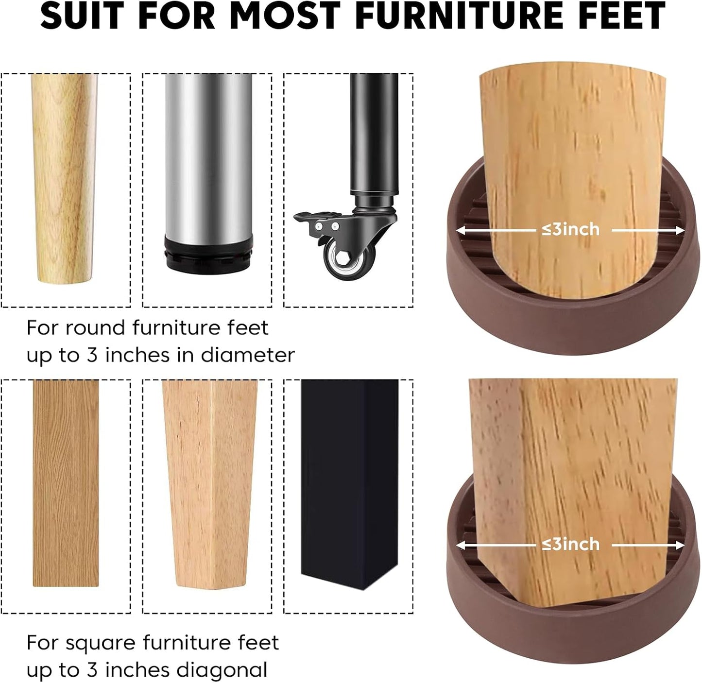 Rubber Non-Slip Furniture Pads, 2"x2" Casters Cup, Round, Brown, 8 PCS | Rubber Feet Floor Protector For Hardwood Floors, Prevent Scratching of The Floor, For Bed Sofa Table and Chair, Stopper