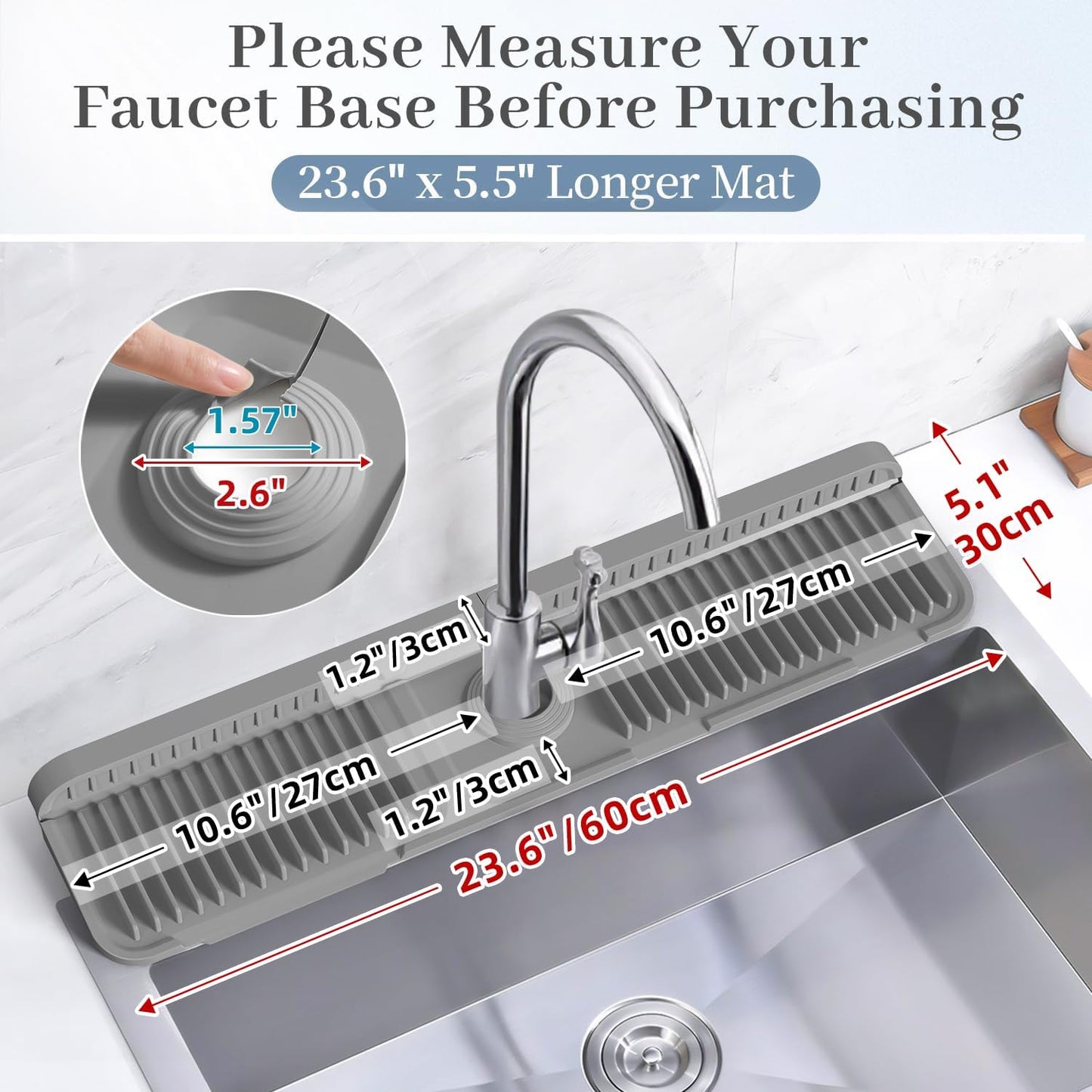 PoYang 24 Inch Faucet Mat for Kitchen Sink Splash Guard, Silicone, Black | Sink Protectors with 7° Slope for Smooth Drainage, Snap Button Holds It in Place, 90° Foldable & Cuttable Hole Fit Most Sinks