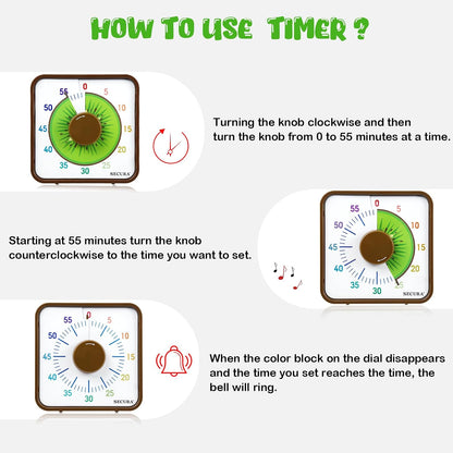 Secura 7.5-Inch Fruit Visual Timer for Kids, 60-Minute Countdown Timer for Classroom or Kitchen, Durable Mechanical Timer Clock with Magnetic Backing (Orange)