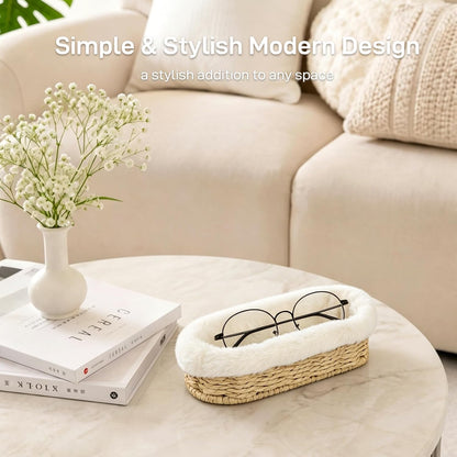 Glasses Holder, Paper Rope Plush Lined Eyeglass Holder Stand, Jewelry Key Tray Storage Organizer for Nightstand, Desk