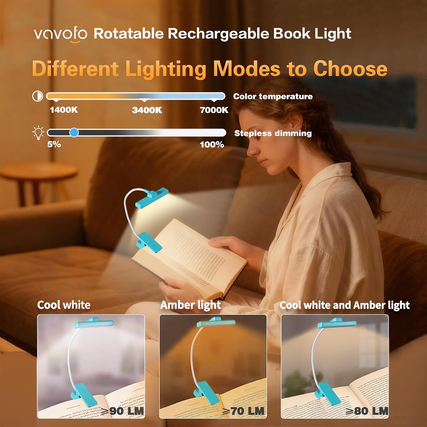 VAVOFO Rechargeable Book Light Rotatable：24 LEDs Reading Light, 3-Color & 9-Brightness Book Lamp, Eye Cared 120Hrs Runtime Lightweight Clip on Led Light for Book Lovers (Black)