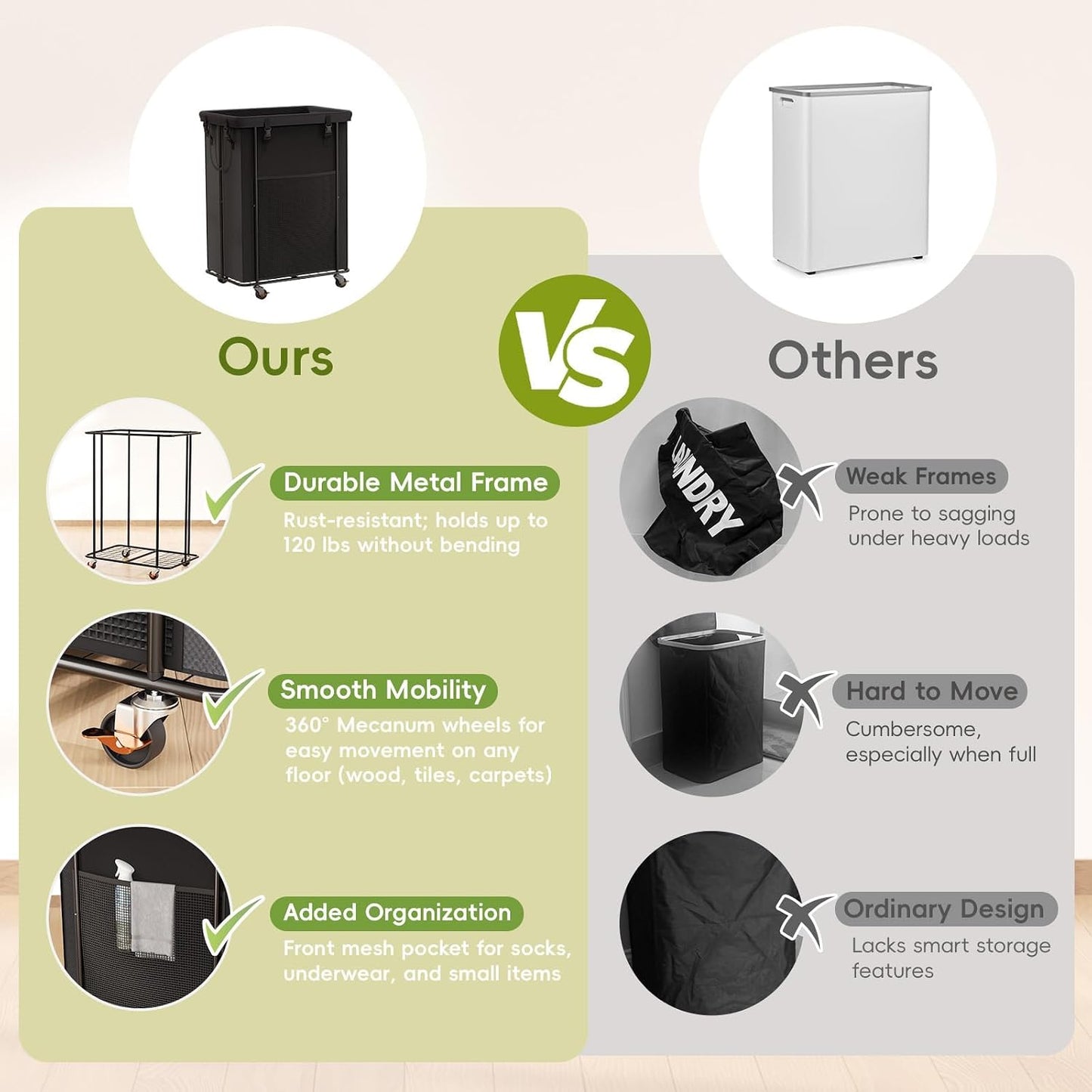 Laundry Hamper with Wheels, 150L Rolling Laundry Basket with Bag & Handles | Sturdy Metal Frame | Removable Bag | Large & Tall Dirty Clothes Hampers for Laundry Room, Bedroom, Dorm, Bathroom-Black