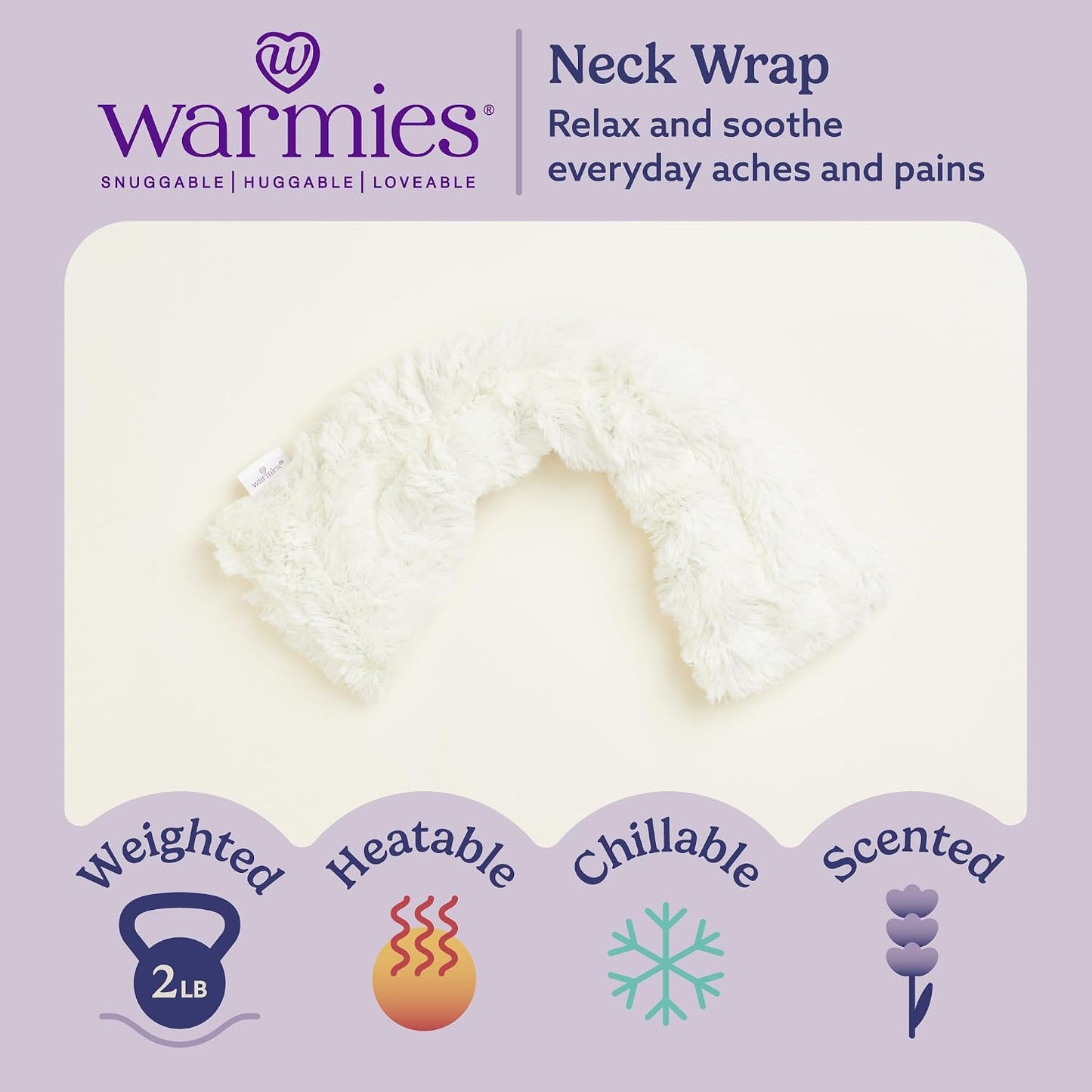 warmies Microwavable Shoulder Heating Pad, Neck Warmer & Heat Pack, Snowy | Steady Pressure, Cooling Relief, Scented with Calming French Lavender, Microwave 30 sec, Freeze 2-3 hrs, Soft Faux Fur