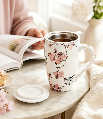 AmorArc Tea Cup With Infuser and Lid, 18oz Loose Leaf Tea Mug With Steeper | Porcelain Tea Mug With Infuser and Lid, Strainer Tea Cup for Tea Lovers, Home & Office, Housewarming Birthday Gift