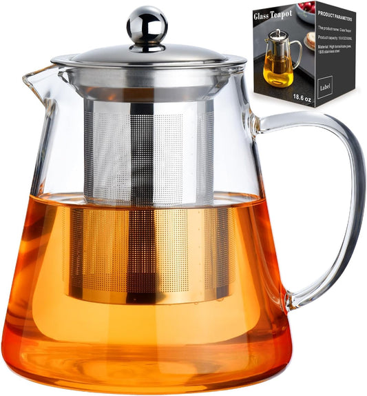 Baalaka Glass Teapot 18.6oz/550ml, Tea Pot with Removable Infusers for Loose Tea, Borosilicate Glass Tea Kettle Tea Maker Stovetop for Camping, Tea Infuser for Loose Leaf Tea Travel | Borosilicate glass tea kettle with infuser; steel strainer for loose