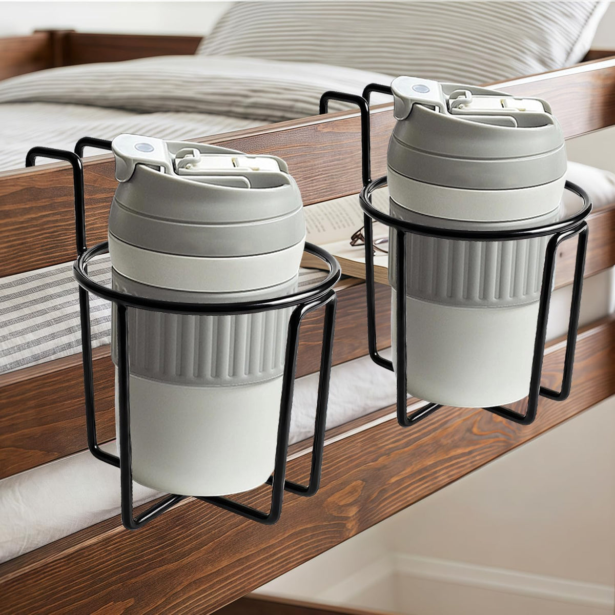 2 Pack Bed Cup Holder, Metal Bedside Drink Holder for Bunk Bed & Loft Bed, 3.35" Large Diameter Bed Rail Cup Holder, Heavy Duty Water Bottle Holder for Dorm Room, Wheelchair, Hospital Bed, Office