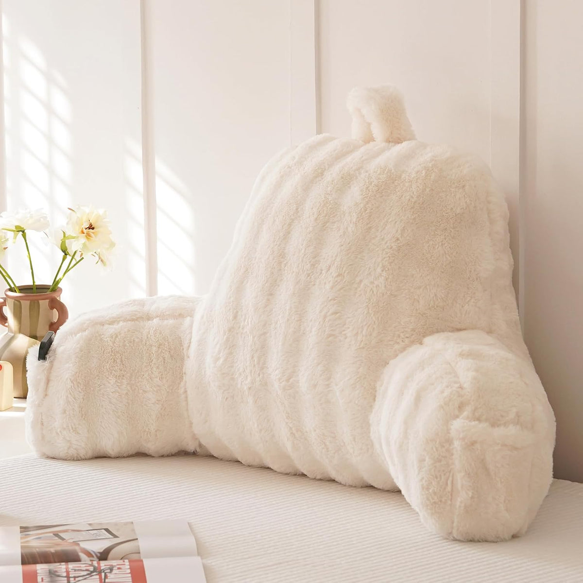 Faux Fur Reading Pillow for Sitting in Bed, Large Backrest Bed Pillow with Arms, Back Support Pillow for Lounging Bedrest, Beige