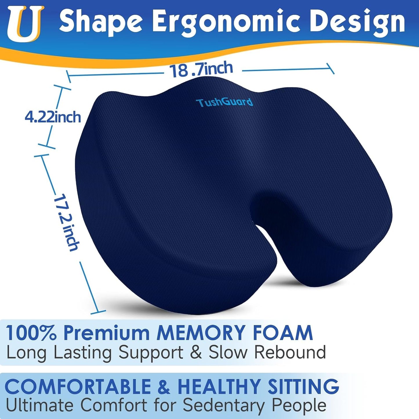 TushGuard Seat Cushion for Office Chair, Car, Memory Foam, Black Large | For Back, Coccyx, Sciatica, Tailbone Pain, Ergonomic Design, Non-Slip, Desk Wheelchair Use, Supportive Butt Pillow, For Man