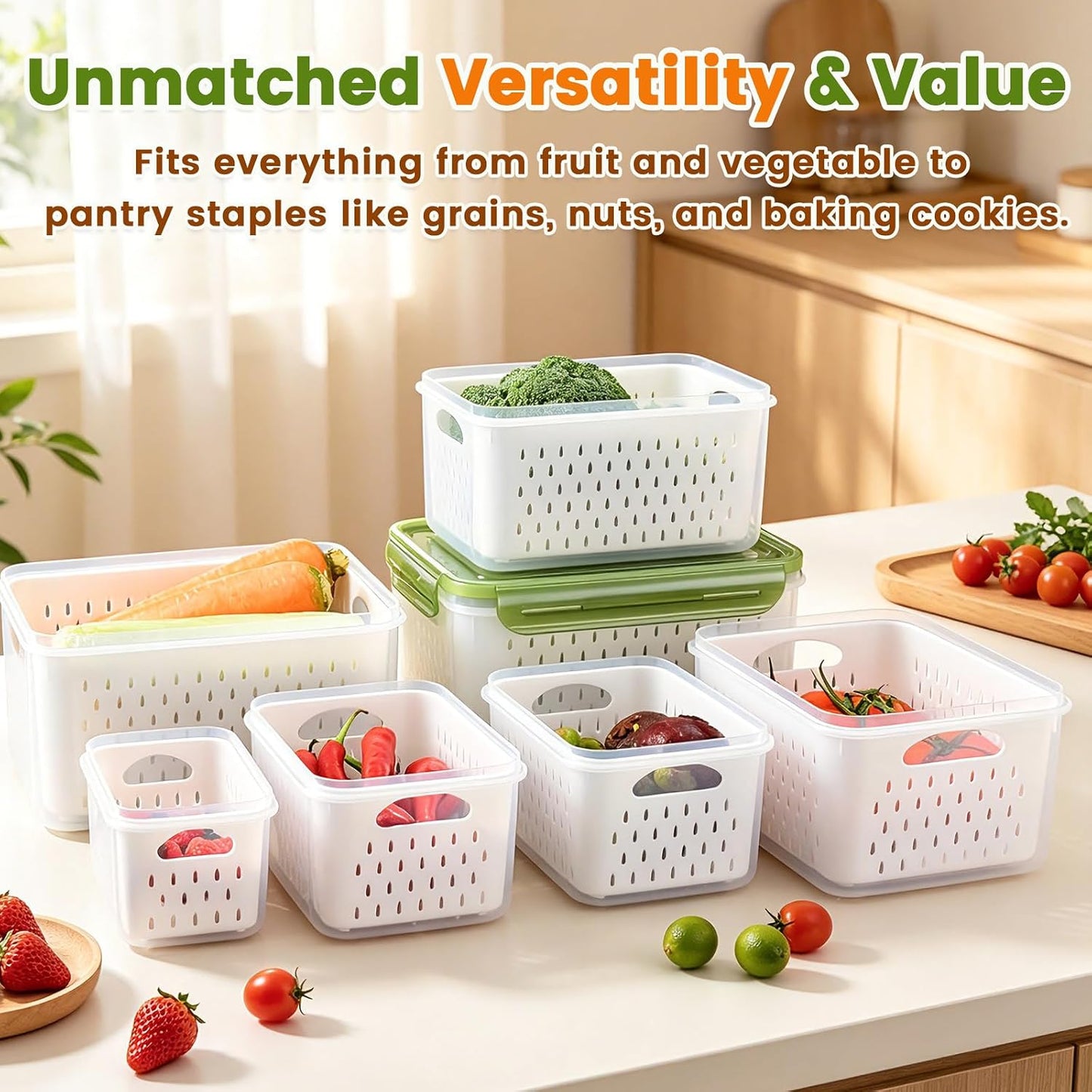 TBMax Fruit Storage Containers for Fridge Organizers and Storage, 4 Pack Large Produce Saver with Airtight Lid & Colander for Berry Lettuce Salad Vegetable Storage, Refrigerator Organizers