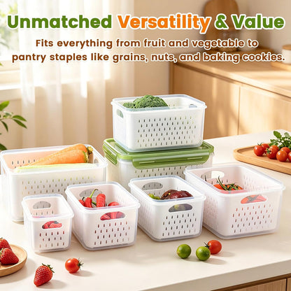 TBMax Fruit Storage Containers for Fridge Organizers and Storage, 4 Pack Large Produce Saver with Airtight Lid & Colander for Berry Lettuce Salad Vegetable Storage, Refrigerator Organizers