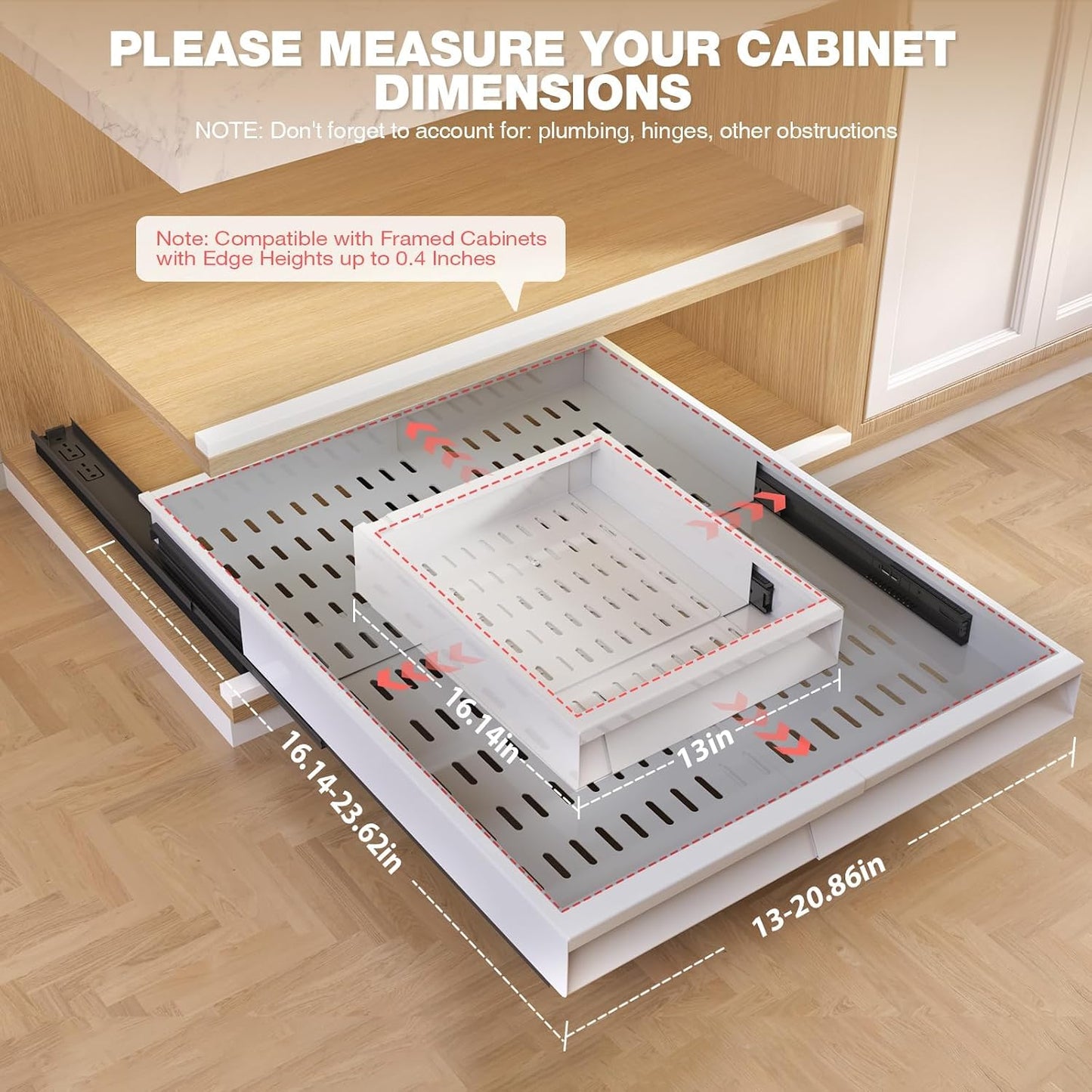 Seinloes Pull Out Cabinet Organizer, 4-Side Expandable to Fit Most Cabinets, 3 Rail Slide Out Drawers with Raising Pad for Framed & Frameless Cabinets, 13"-21" W x 17"-24" D, White, 2 Pack