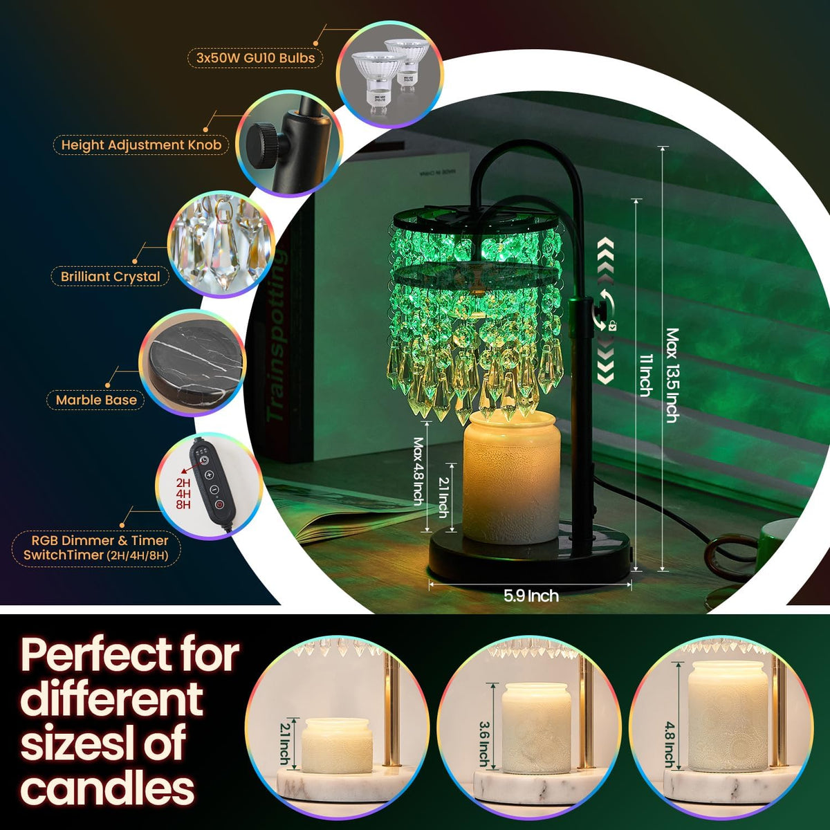 Candle Warmer Lamp with Timer Dimmer，2H/4H/8H Timer , Lamp Candle Warmer with Marble Base for Adjustable Height, Crystal Wax Melt Warmer for Jar Candles, House Warming Decor Gifts Mothers Day Gifts