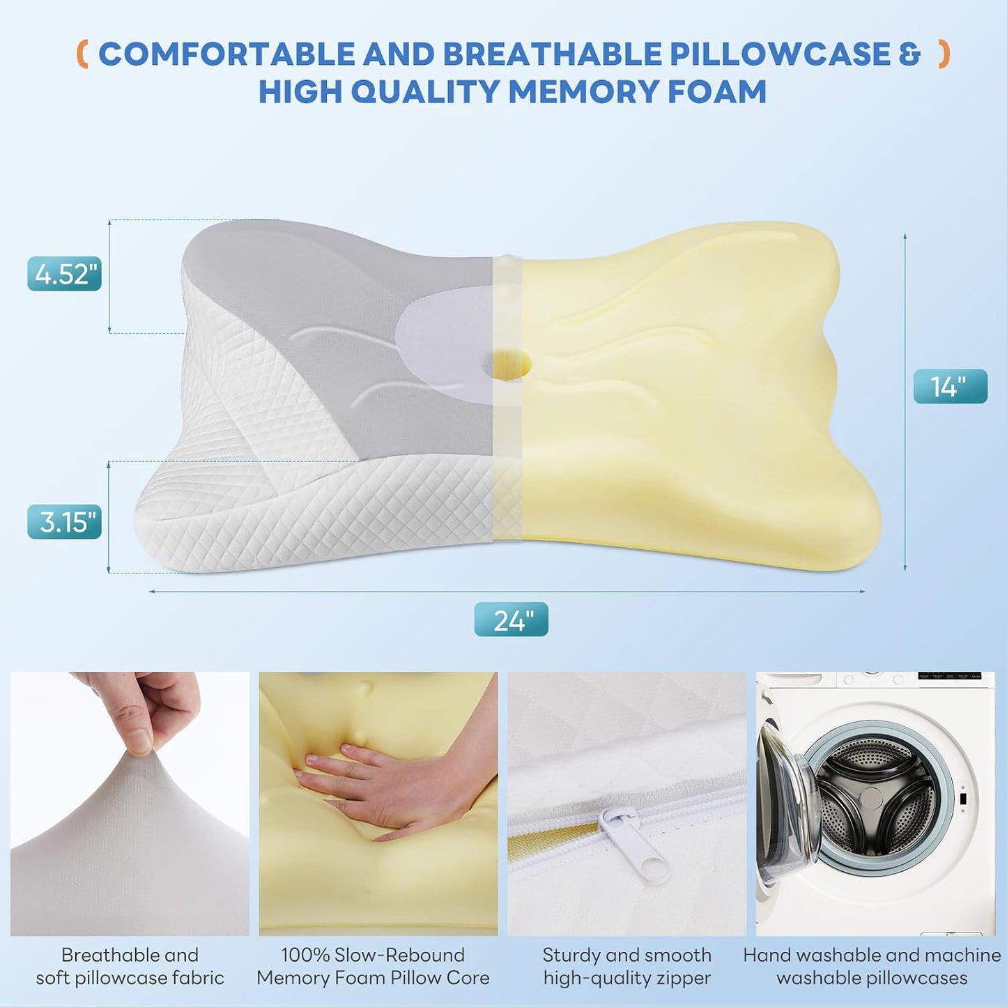 Sweetcrispy Cervical Pillow for Neck and Shoulder - Ergonomic Memory Foam Pillows, Contour Side Sleeper for Adults, Cooling Orthopedic Neck Support for Back Stomach Sleepers, White